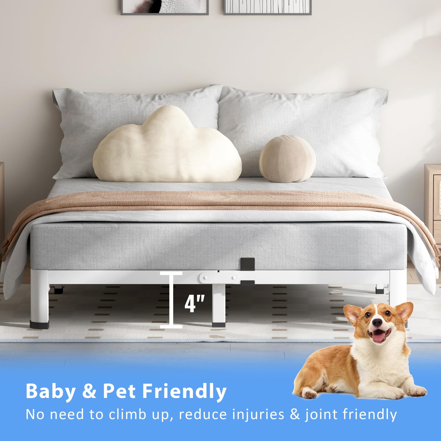 VIPSHOW 4 Inch White Queen Bed Frame, 3500Lbs Heavy Duty Metal Platform with Round Corner Legs Mattress Slide Stopper, Steel Slat Support No Box Spring Needed, Noise Free, Non-Slip, Easy Assembly