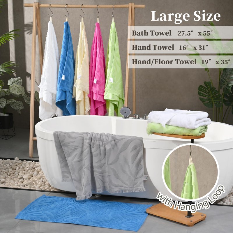 100% Cotton Jacquard Monstera Hand Towels 4-Pack (19x35") – Ultra-Absorbent, Quick-Dry Spa & Gym Towels with Decorative Tassels | Durable Bath Mat Alternative for Home, Travel & Fitness – Gray