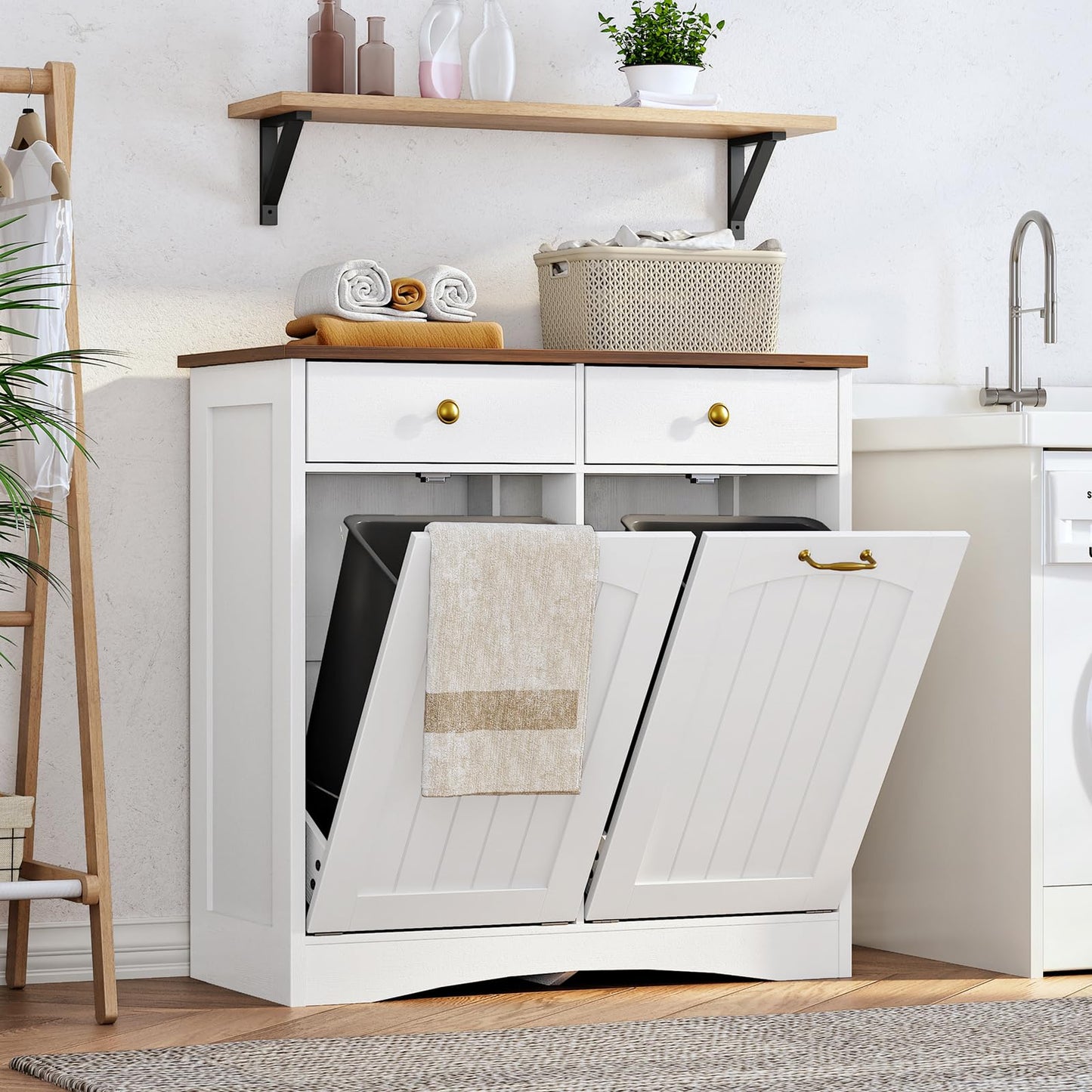 HOOBRO Double Tilt Out Trash Can Cabinet, Hidden Trash Bin Storage with 2 Drawers, Freestanding Kitchen Island Cabinet, for Kitchen, Laundry Room, White and Walnut WH22LJ01US