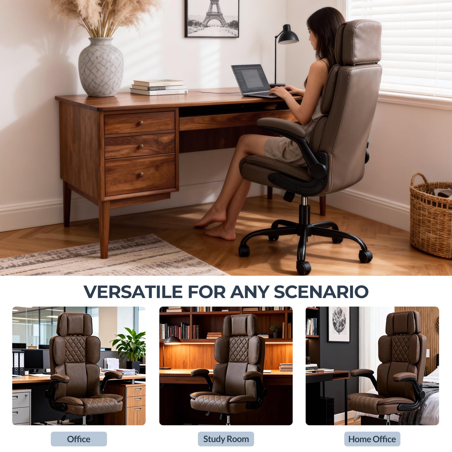 Office Chair with Adjustable Headrest - Executive Leather Desk Chair for Home Office, with Flip-Up Arms & Ergonomic Lumbar Support, Perfect for Work and Study, Brown