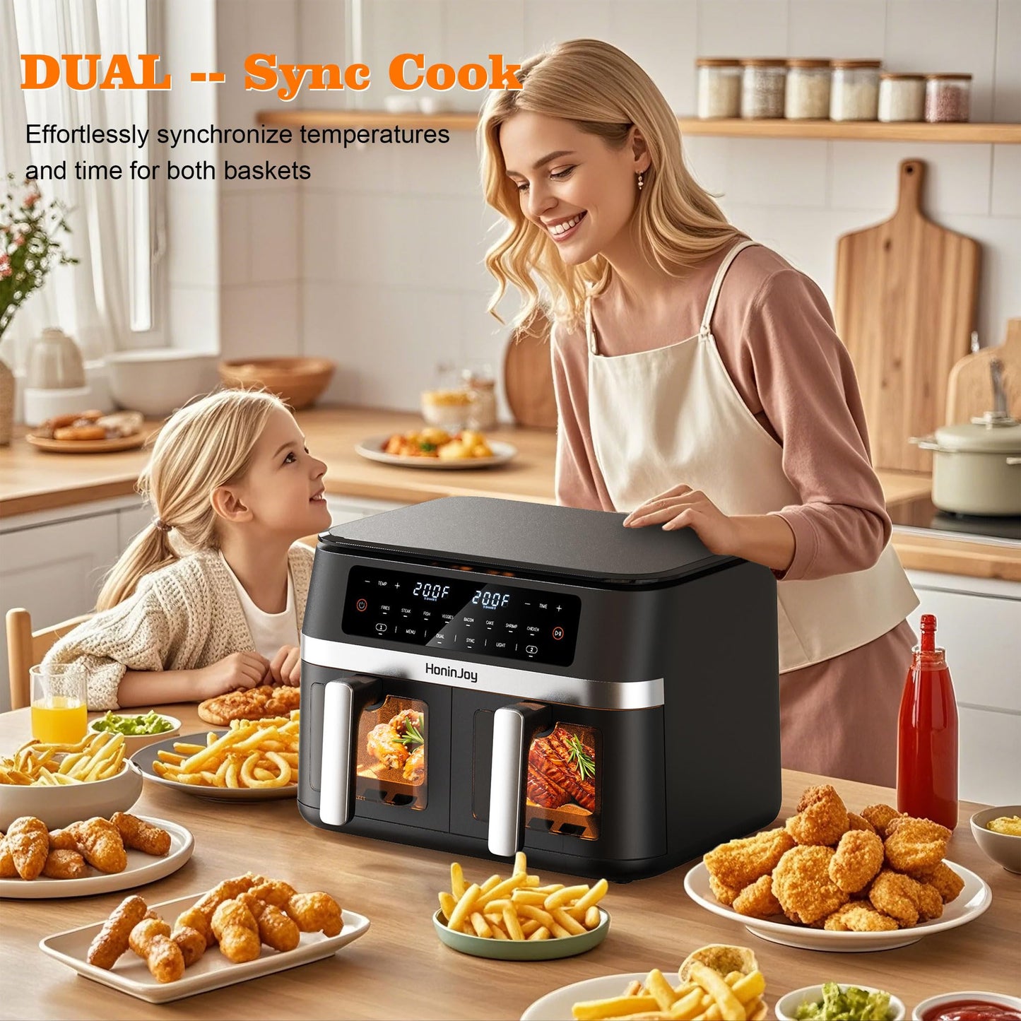 HoninJoy 12QT Large Dual Basket Air Fryer with Viewing Window and 50pcs Paper Liners, 10-in-1 Digital Touchscreen Double Zone Air Fryers, SyncCook to Bake,Roast,Reheat,Broil, Nonstick Dishwasher Safe