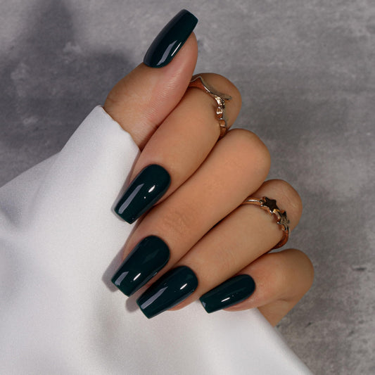KQueenest Black Press On Nails Long Square - Acrylic Press On Nails with Glue, Dark Coffin Medium Fake Nails Press ons, Glossy Opaque, Reusable Soft Gel Glue on Nails for Manicure Gift, 24 Pcs