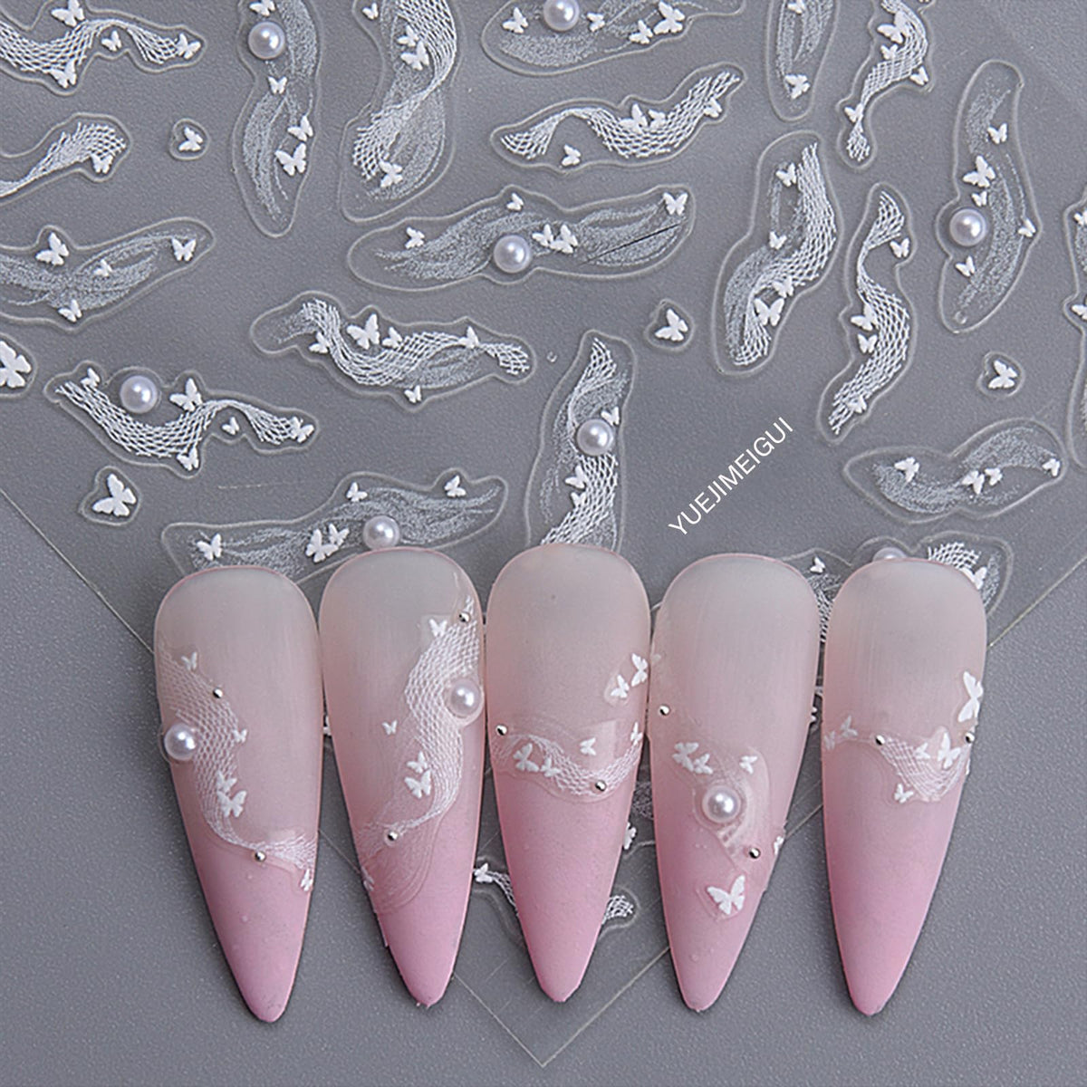 3 Sheets White Bow Ribbon Nail Art Stickers Pearl Lace Rhinestone Embossed Nail Decals Butterfly Pearl Design Self-Adhesive Nail Stickers Women's Nail Art Supplies