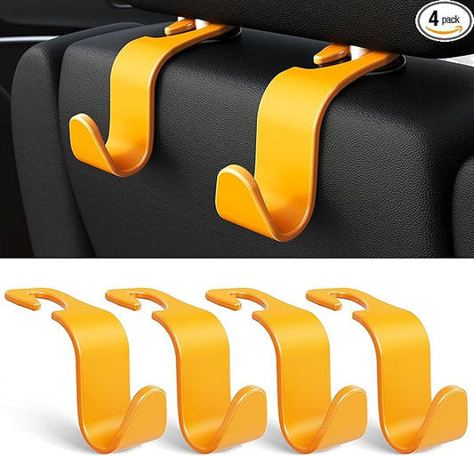 Amooca Car Seat Headrest Hook 4 Pack Hanger Universal Vehicle Car Storage Organizer for Handbag Purse Coat S Type Yellow