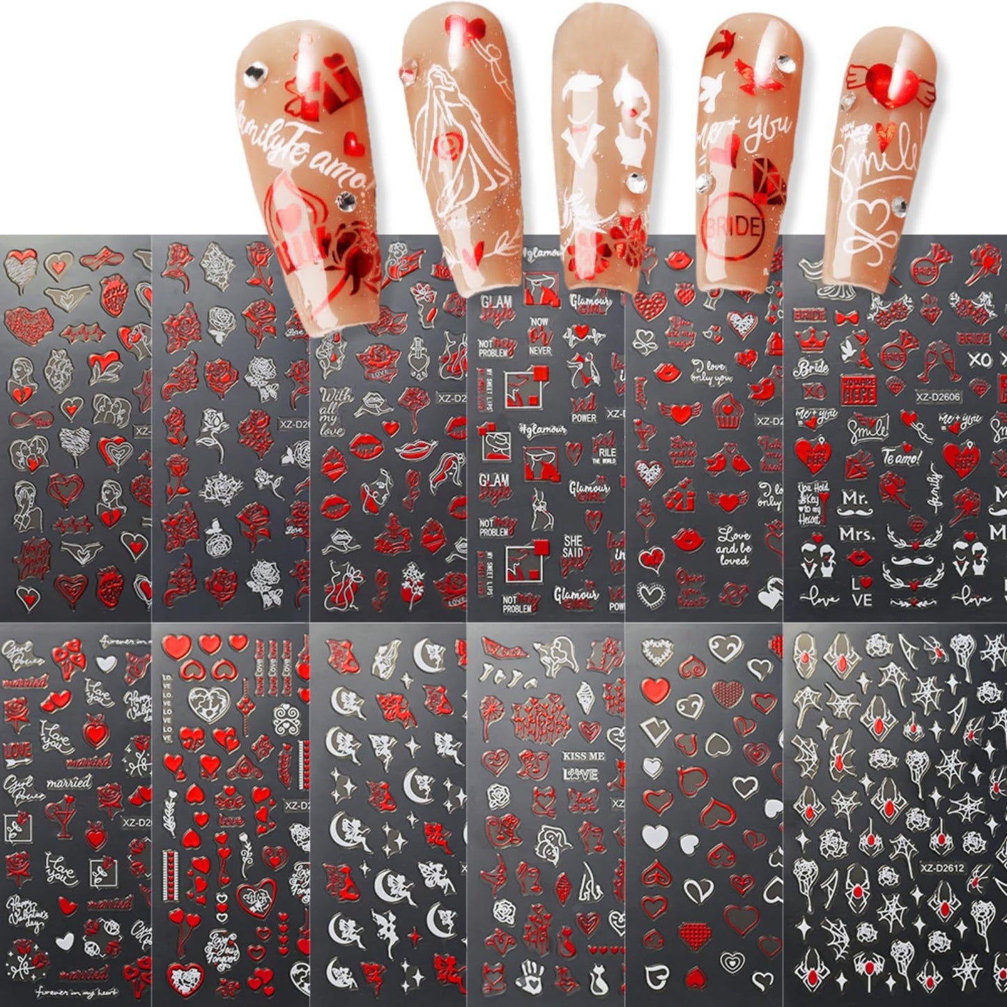 12 Sheets Valentine’s Nail Art Stickers - 3D Self-Adhesive Red Diamond Lip Print Flowers Designs for Women, Easy DIY Acrylic Nails Decoration, Party & Daily Fashion Accessories