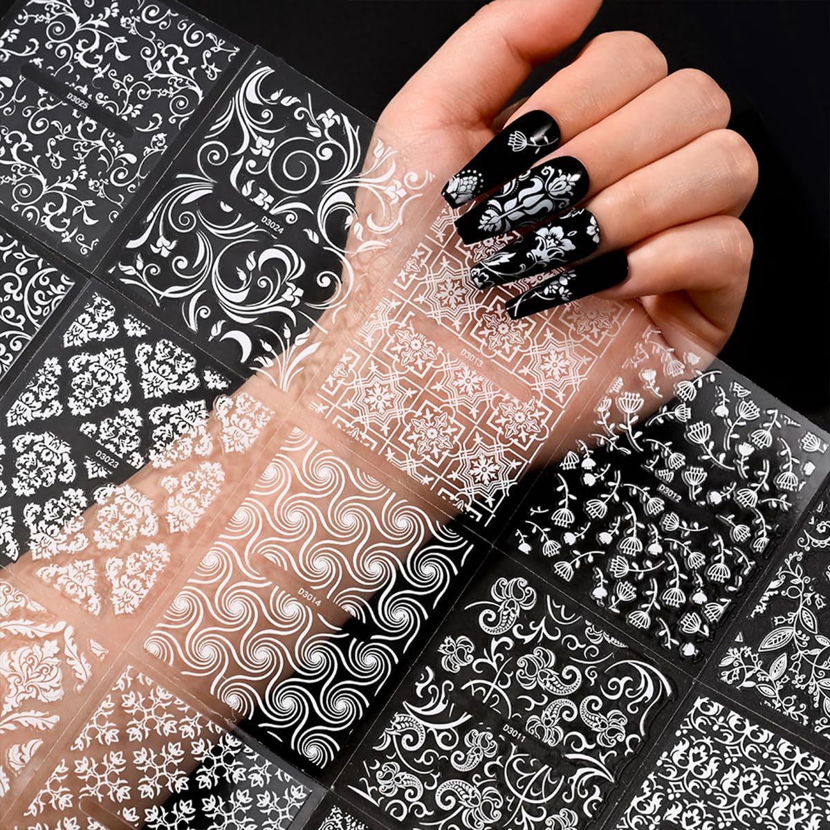 30 Sheets White Nail Art Stickers 3D Self Adhesive Lace Flower Nail Stickers Hallow Floral Nail Decals Spring Summer Nail Supplies for Women Nail Art Decoration Accessories