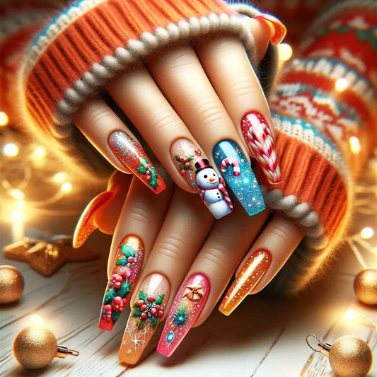 Holly Medium Coffin False Nails Snowman Stick on Fingernails Firework Gel Glue on Nail Christmas Press on Nails 24Pcs Glossy Red Candy Cane Acrylic Fake Nail for Women Xmas Gift