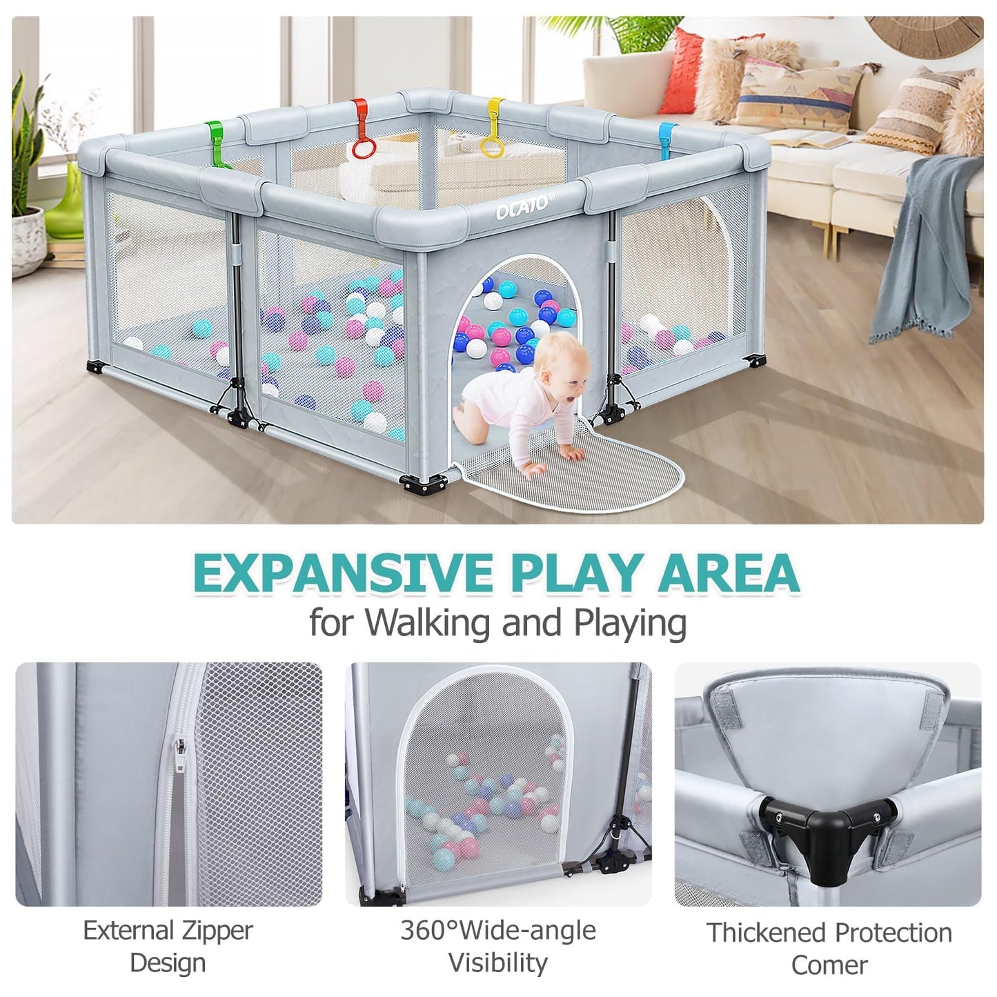 OCATO Baby Playpen: Foldable Playpen for Babies and Toddlers Large Play Pen Portable Playpen Fence Indoor Outdoor Kids Safety Area Travel Play Yard with 1 Storage Bag 4 Handlers 50 Balls (50" × 50")