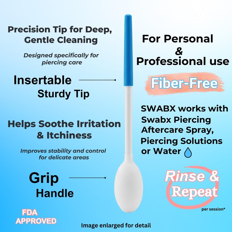 Insertable Piercing Cleaners Sturdy Tips Push Out Gunk, Odors; Cleans in Seconds Multiple Piercings. Soothe Irritation One Swipe Right Through Easy Use for Maintaining Piercings By SWABX - 2 Count