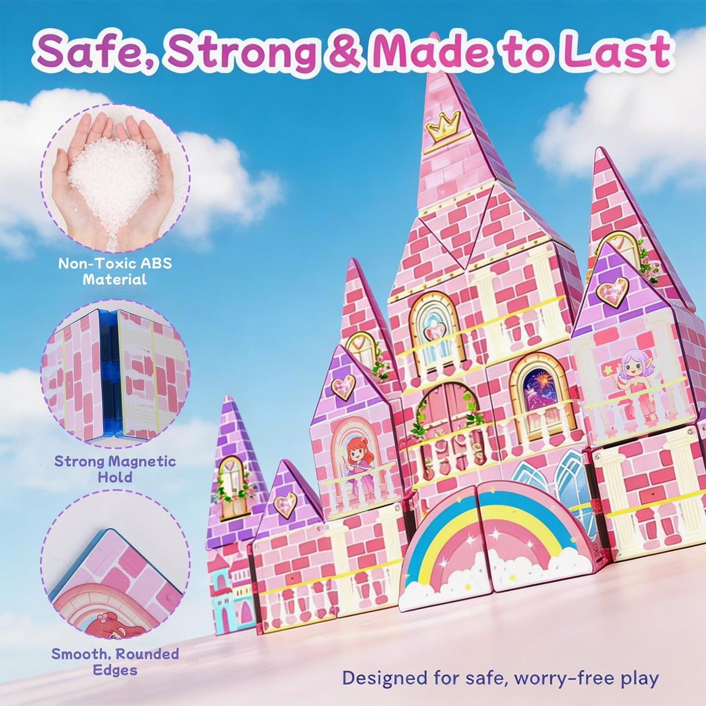 LATI Magnetic Tiles Princess Castle Building Toy for Kids, Double-Sided Magnetic Blocks for Day & Night Play, Open-Ended STEM Educational Toy, Compatible with Other Brands, Gift for Girls Ages 3–8