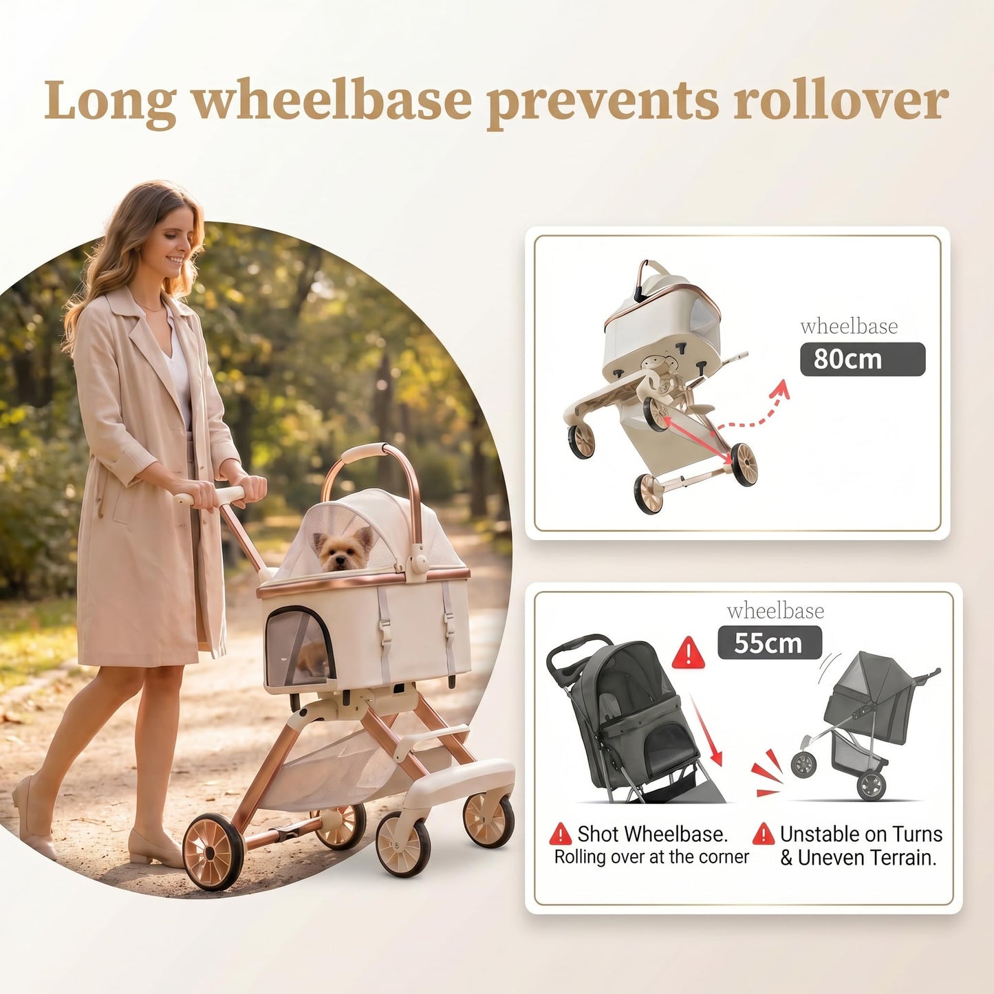 EPPMagice All-Terrain Pet Stroller for Small Medium Dogs & Cats, 20 lbs Capacity - Portable Carrier with One-Touch Brake, Lightweight Foldable Design & Shock Absorption Wheels,Khaki