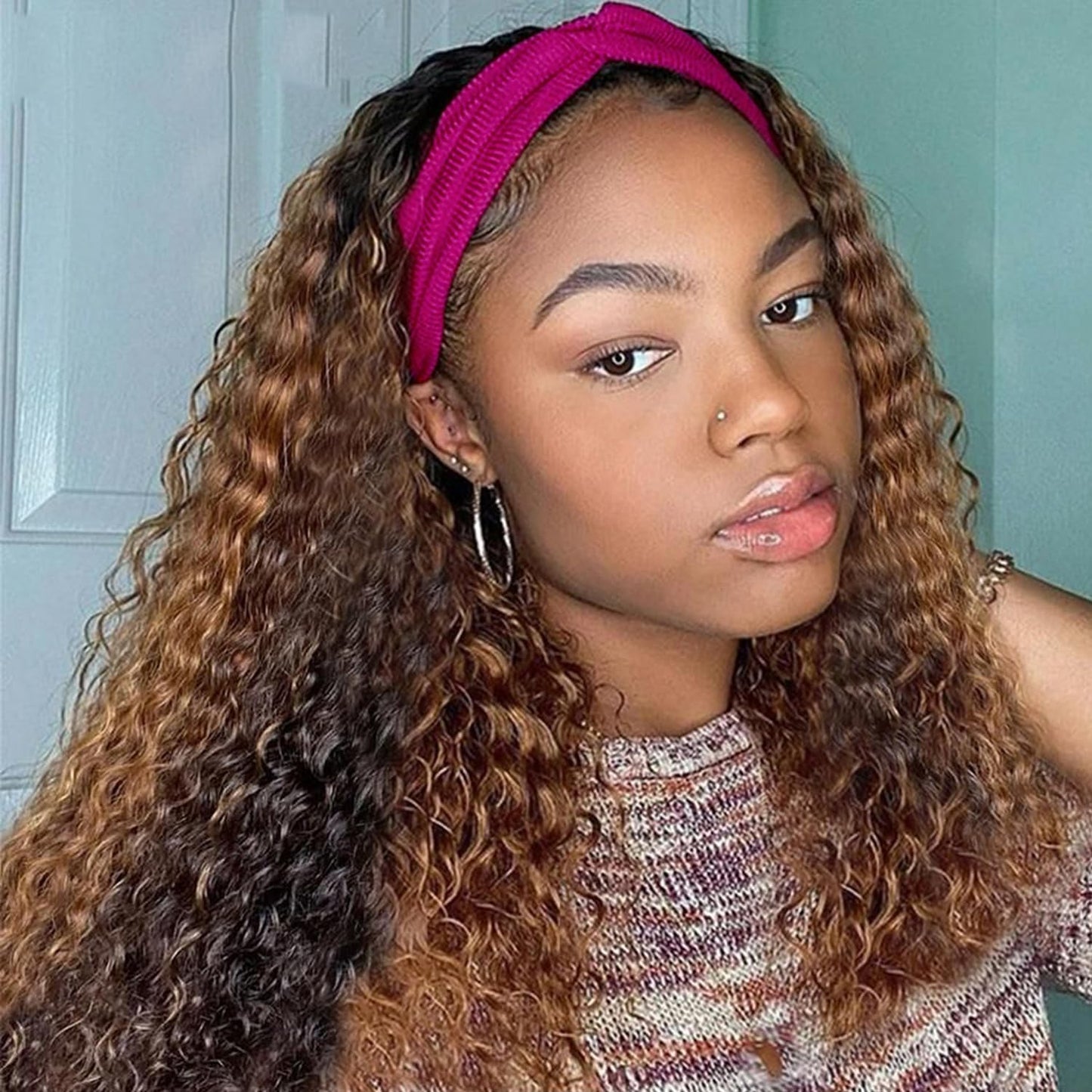 Aiterina Headband Wig deep wave human hair wigs for Black Women Brazilian Remy Hair Glueless Non Lace Front Wig Wear and Go Wigs Machine Made 150% Density (12 inch, 4/27 Highlight)