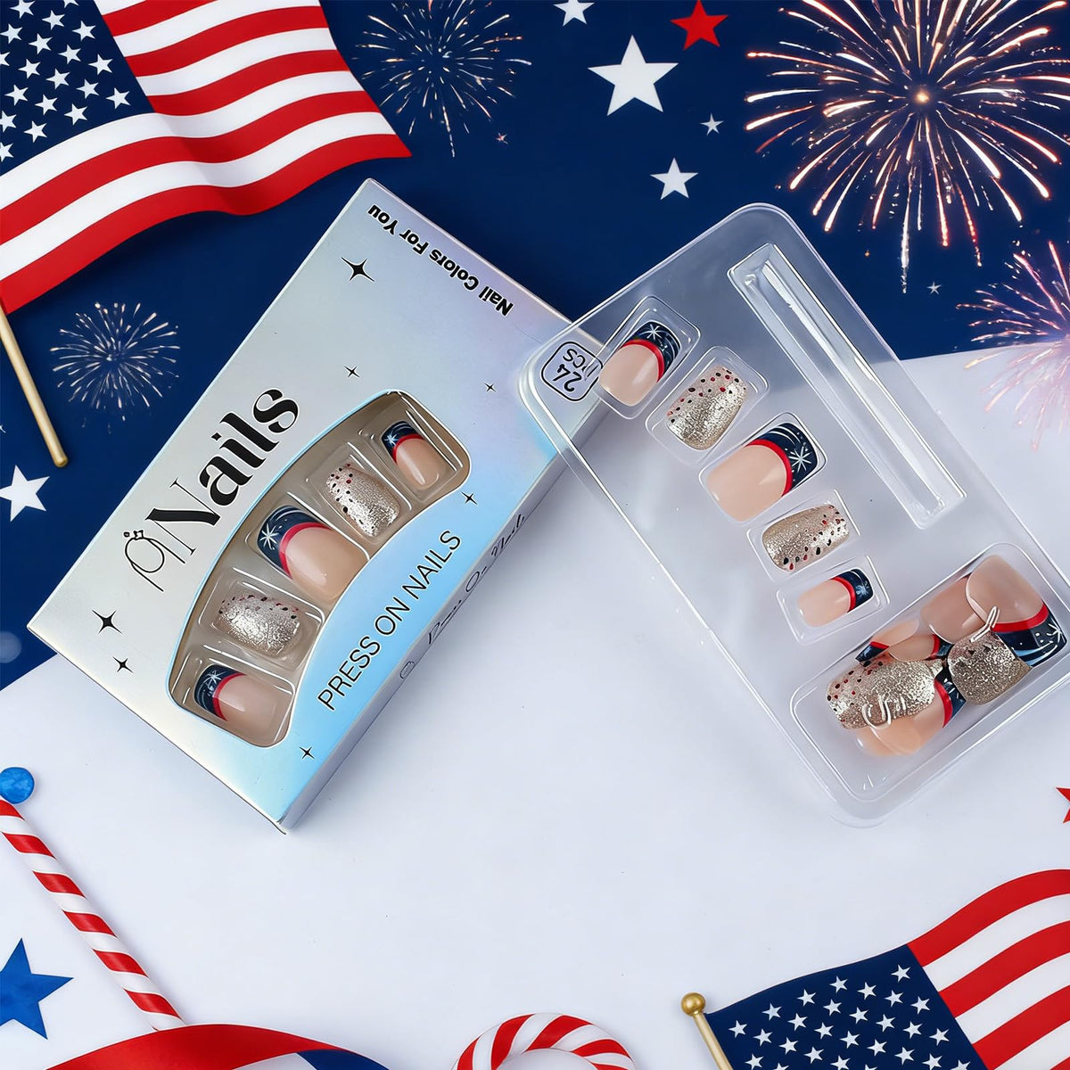 4th of July Press on Nails Medium Square French Tip Fake Nails Polka Dot Silver Glitter False Nails Independence Day Patriotic Nails Full Cover Glossy Stick on Nail for Women Manicure 24Pcs