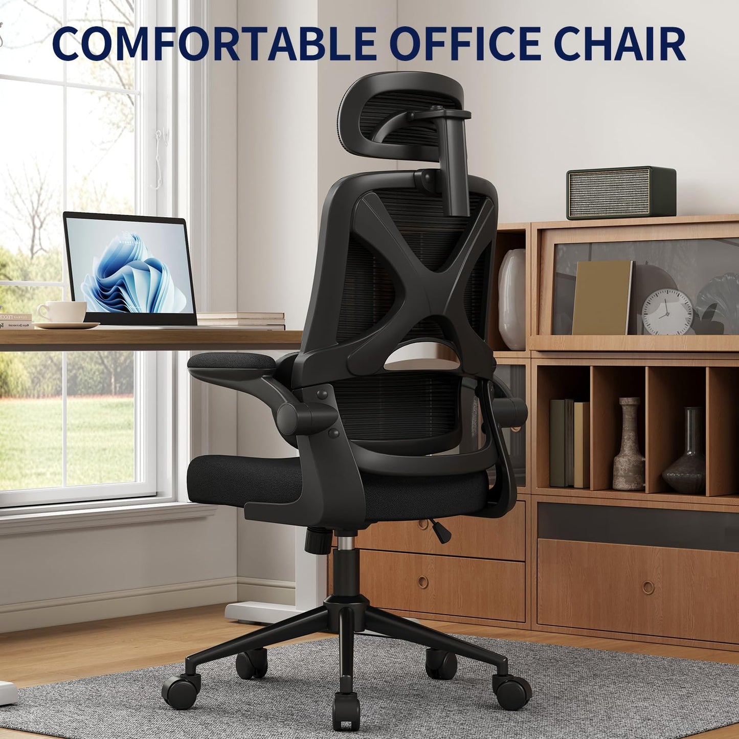 Ergonomic Office Chair - Desk Chair with Adjustable Headrest Lumbar Support Computer Chair - Mesh Comfy Chair with Flip-up Armrests - Gaming Chairs for Adults Home Office (Black+Black)