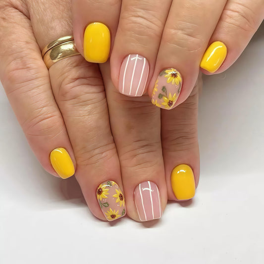 Yellow press-on nails short square false nails spring and summer sunflower yellow light white line full coverage glossy acrylic false nails ladies girls DIY nail art decoration