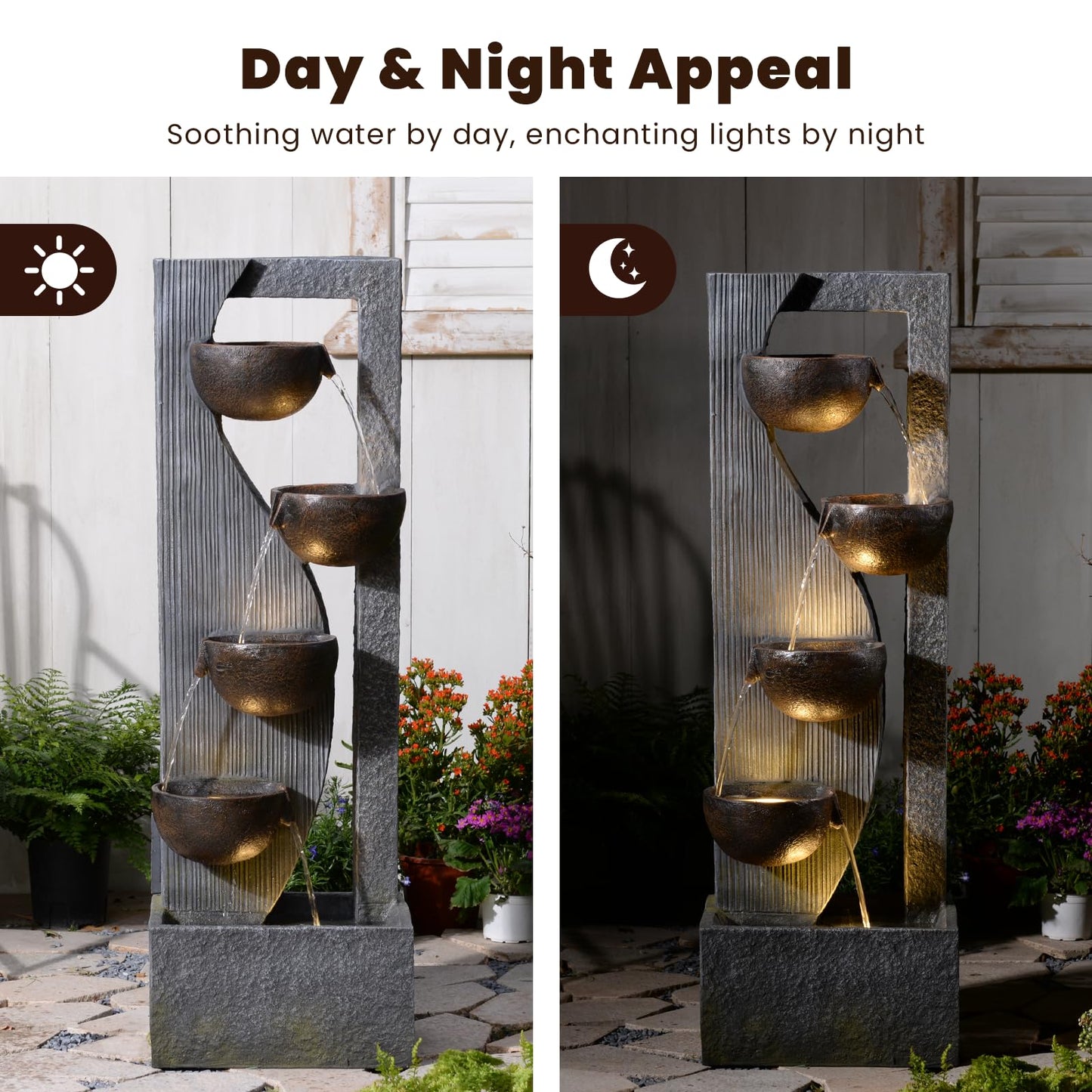 GardesT 5-Tier Cascading Outdoor Fountain with LED Lights, 49.2" Tall Resin Waterfall Fountain for Garden, Patio, Backyard - Freestanding Water Feature
