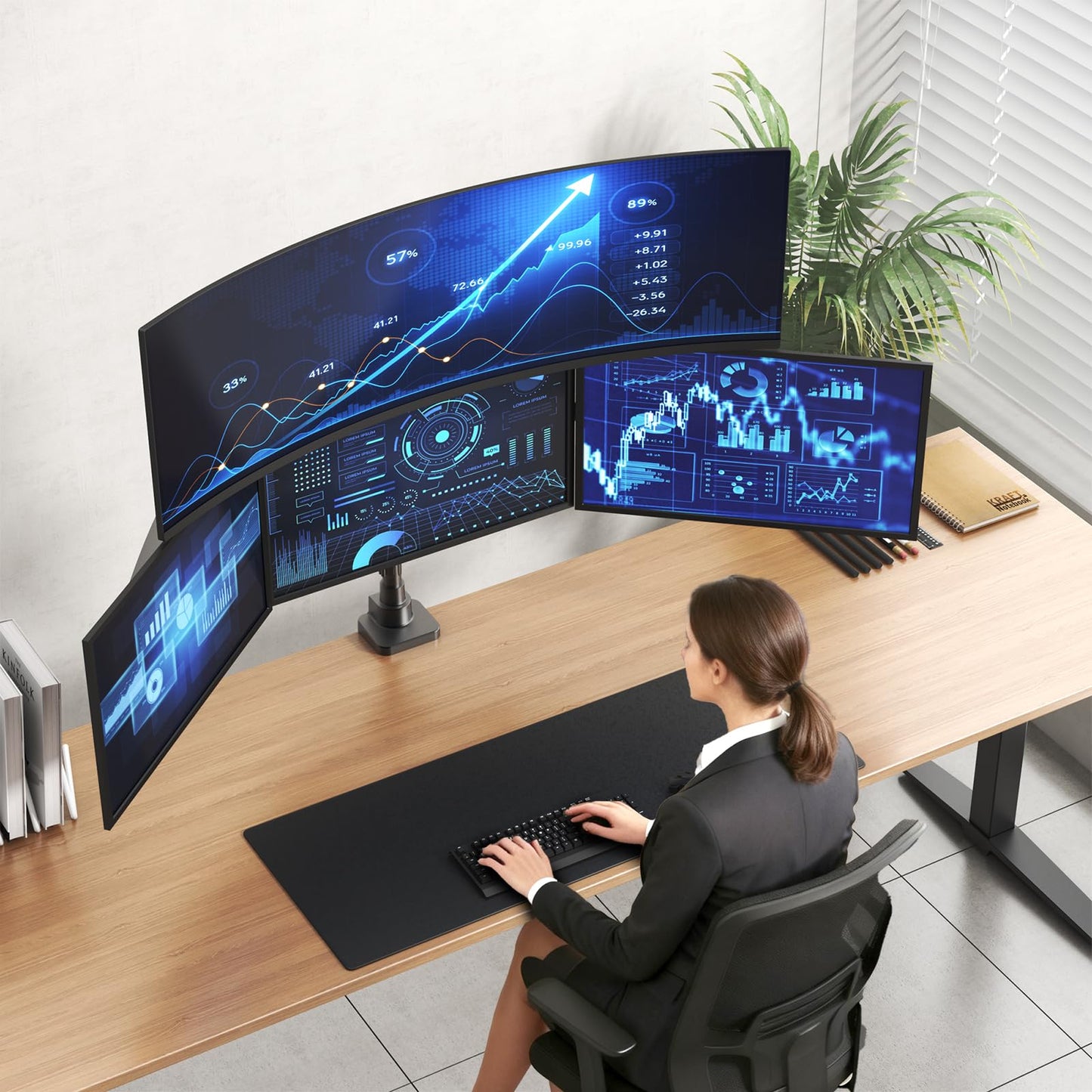 PUTORSEN Quad Monitor Mount for up to 49’’ Ultrawide on Top Bracket and 27’’ Screens on Lower Brackets, Holds up to 44lbs, Quad Monitor Stand with Gas Spring, C-Clamp & Grommet Base