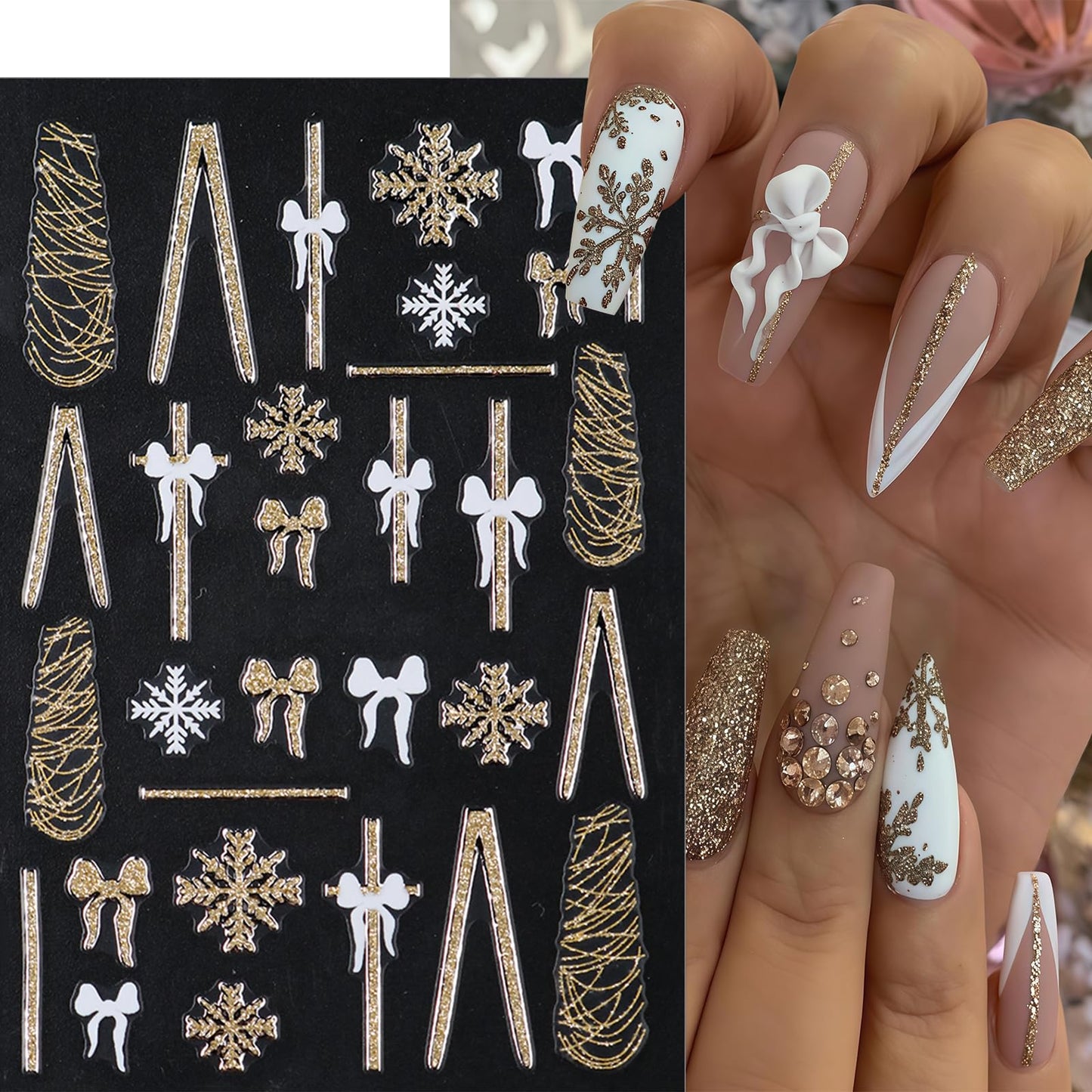 6 Sheets Christmas Snowflake Nail Stickers Bow French Nail Art Stickers Gold Glitter Line Bow 3D Self Adhesive Nail Decals Gold White Snowflake Nail Supplies Nail Decoration for Women DIY Manicure