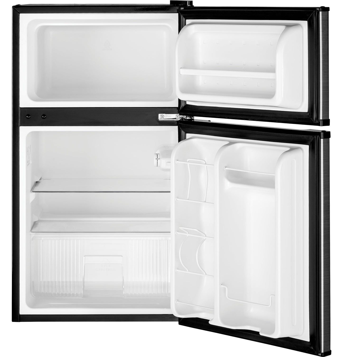 GE Mini Fridge With Freezer | 3.1 Cubic Ft. | Double-Door Design With Glass Shelves, Crisper Drawer & Spacious Freezer | Small Refrigerator Perfect for the Garage, Dorm Room, or Bedroom | Clean Steel