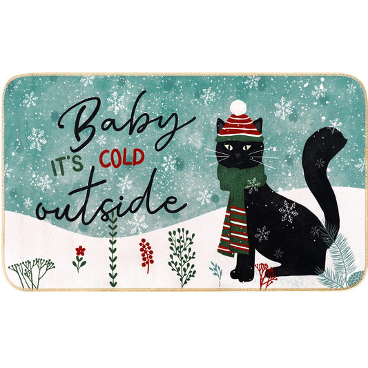 AnyDesign Christmas Black Cat Doormat Baby It's Cold Outside Winter Felt Door Mat with Anti-Slip Rubber Back Xmas Cartoon Floor Mat Door Rug for Indoor Outdoor Yard Kitchen Bedroom Decor, 17 x 29 in