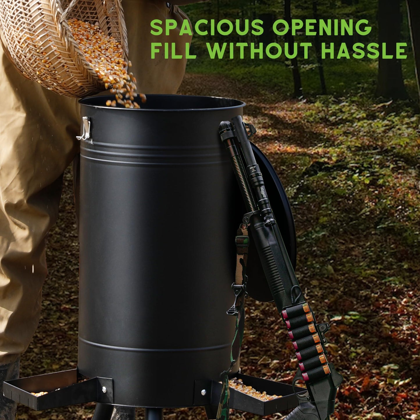 Solution4Patio 50-75 LB Large Metal Hunting Game Feeder, Heavy Duty Free Standing Deer Feeder, Portable Gravity Deer Feeder Automatic Dispenser, Weather-Proof (Black)