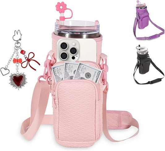 &And Per Se Water Bottle Shoulder Bag for Women, Neoprene Carrier with Phone Pocket & Pink Charm, Adjustable Crossbody Strap Fits Stanley 30oz Tumblers, Gift for Her (Pink)