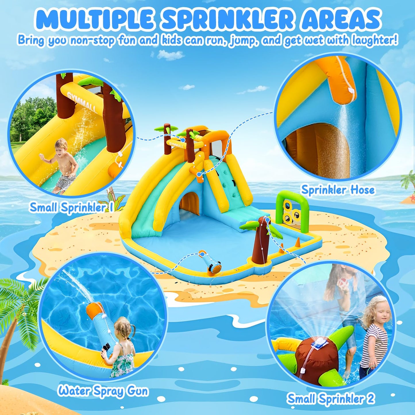 GYMMALL Inflatable Water Slide Bounce House with 450 W Blower, Blow up 10-in-1 Waterslide Park Bouncy Castle Outdoor and Indoor, Bouncer House with Splash Pool, Sprinklers and Long Slide