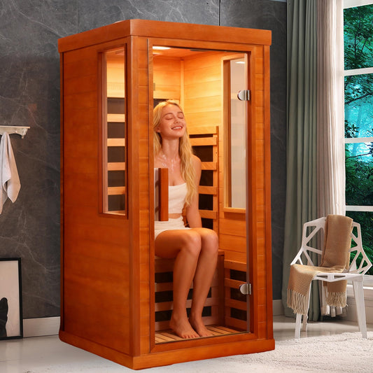 AWUCRSI 1-Person Infrared Saunas for Home,7 Low EMF Carbon Fiber Heating Panels,Okoume Wood with Tempered Glass Door,Red Light Therapy,Bluetooth Speaker,7 Color Chromotherapy Light,31.5"x31.5"x63.3"