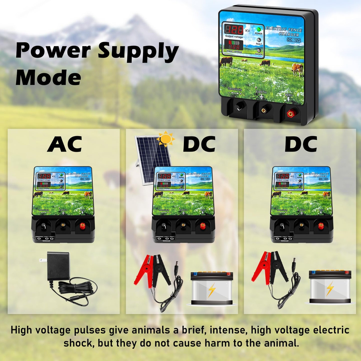 Watpumper 9 Joule Electric Fence Charger, 12KV Output, 400 Acres Coverage, DC 12V/AC 100-240V Input, Electric Fence Energizer with Alarm for Cattle, Cow, Goat, Horse, Livestock Protection, XSD-A740