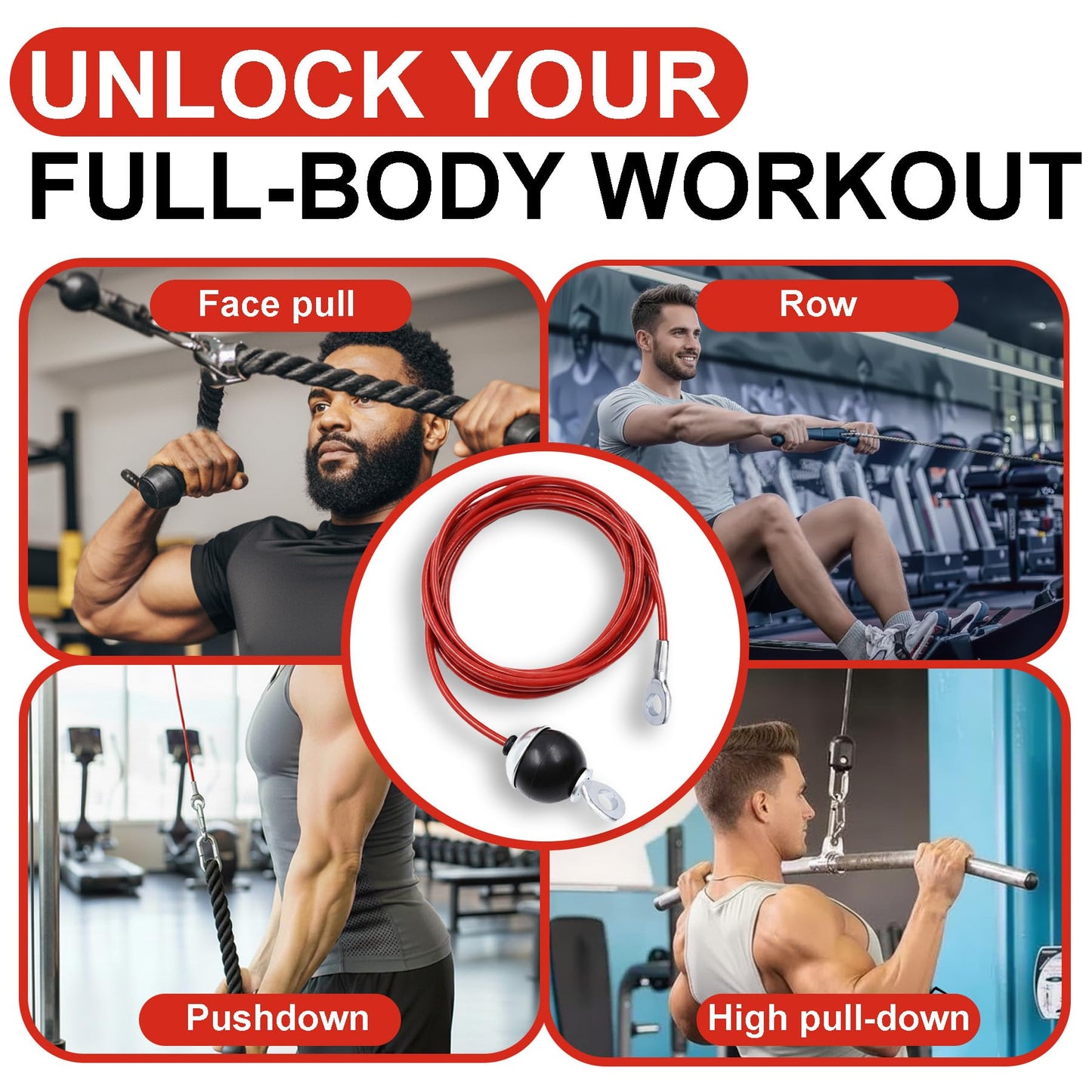 J Bryant Fitness Pulley Cable Replacement - 5mm(0.2inch) Heavy Duty Steel Wire Rope for Home Gym & Cable Machine Accessories Black/Red Cable for Weight Machine (Red, 115")"