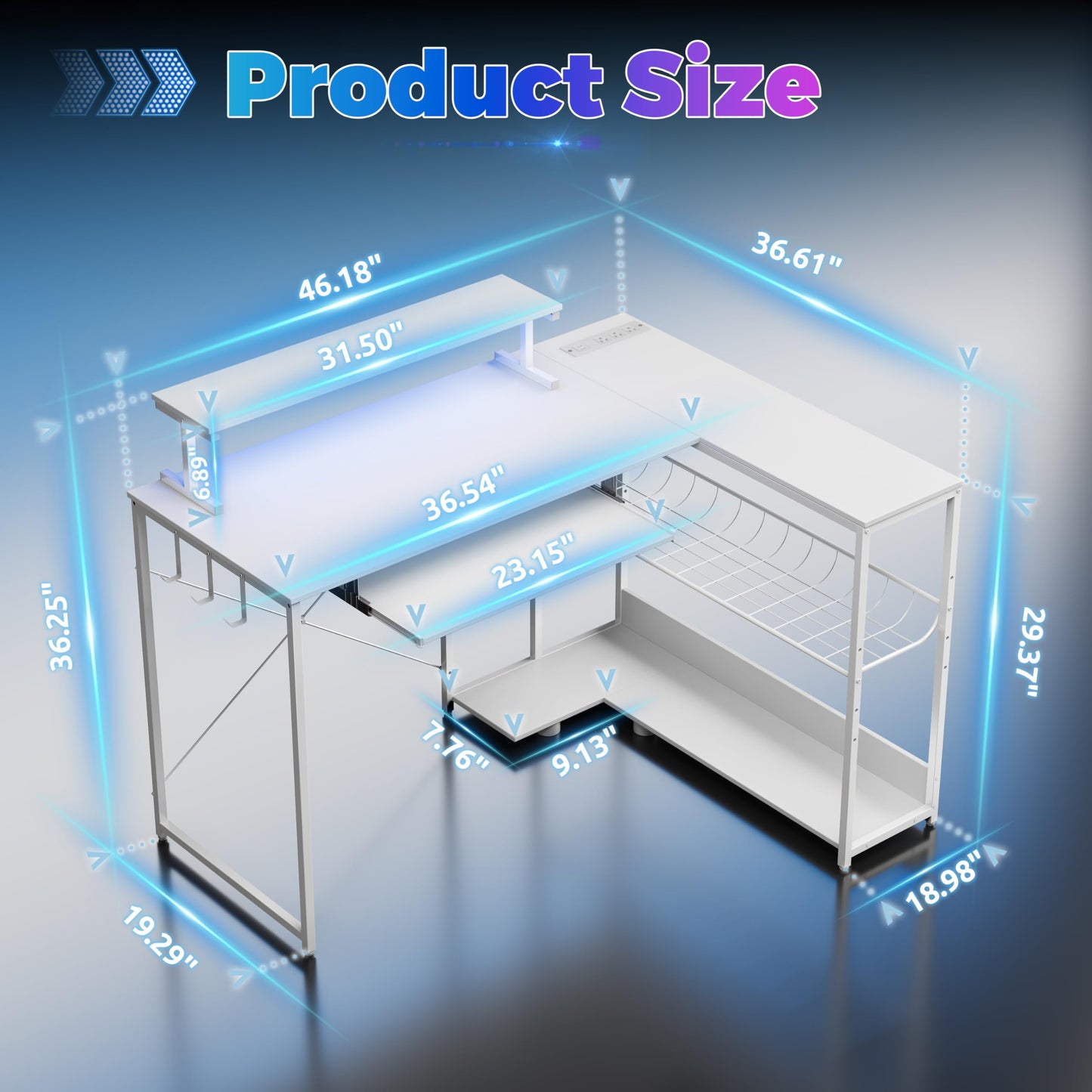 BORNOON Computer Desk, L Shaped Gaming Desk with Monitor Stand & Storage Shelf & LED Light & USB Power Outlet, Reversible Shelves Corner Table with Keyboard Tray for Gaming, Home Office, Study