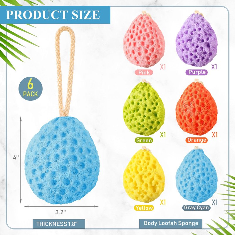 FoldTier 6 Pcs Bath Sponge Deep Cleansing Body Loofah Gentle and Deep Exfoliating Body Scrubber Bath Accessories Men Women Baby Sponge for Bathing Shower (Bright Color)