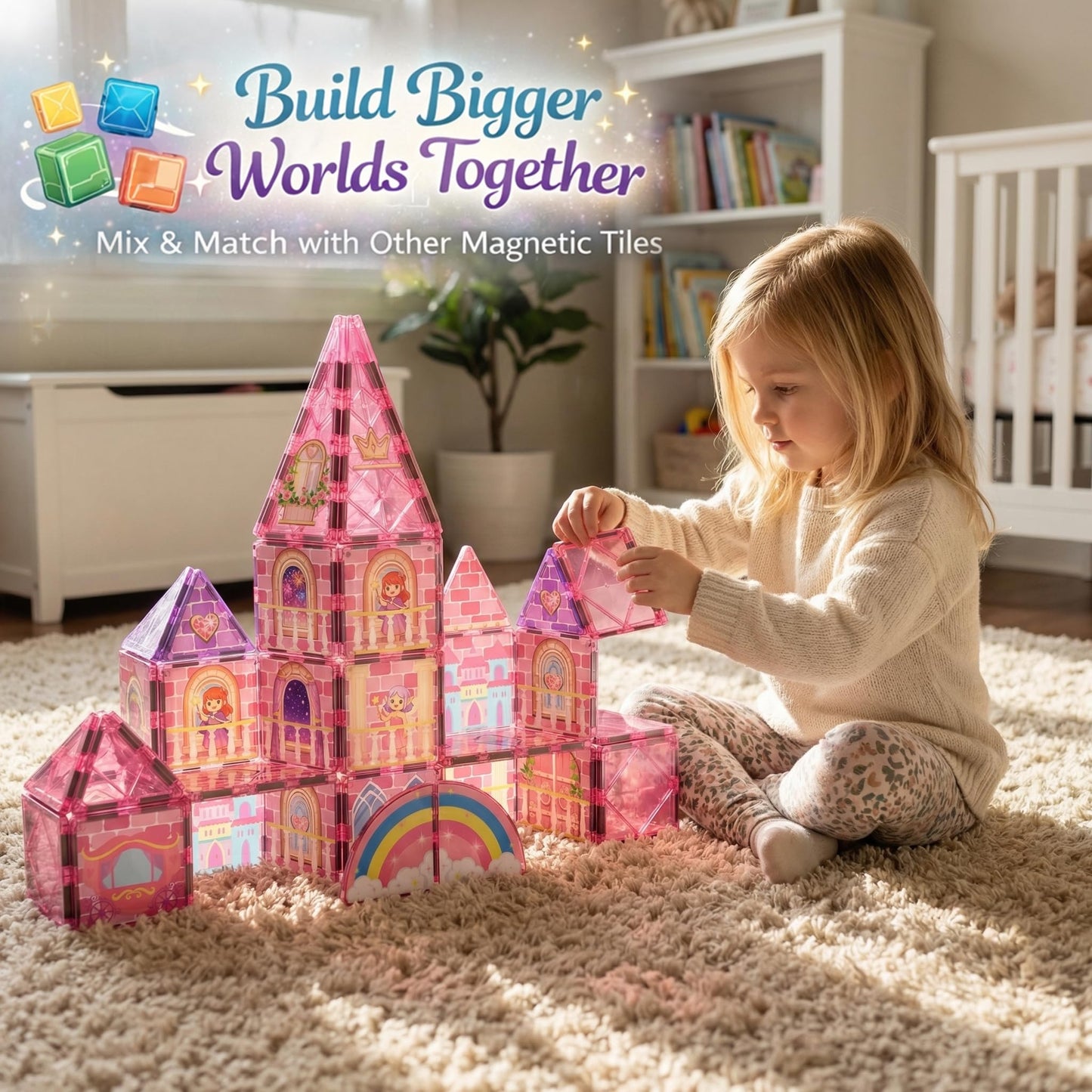 LATI Magnetic Tiles Princess Castle Building Toy for Kids, Double-Sided Magnetic Blocks for Day & Night Play, Open-Ended STEM Educational Toy, Compatible with Other Brands, Gift for Girls Ages 3–8