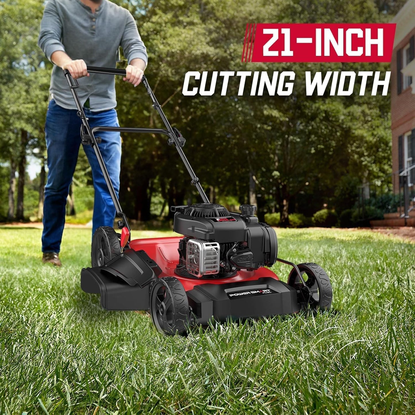 PowerSmart Gas Push Lawn Mower 21" with OHV 144cc Engine, 2-in-1 Mulching and Side Discharge,6 Height Adjustments Easy Assembly & Lightweight, Cordless Push Lawn Mowers for Garden Yard