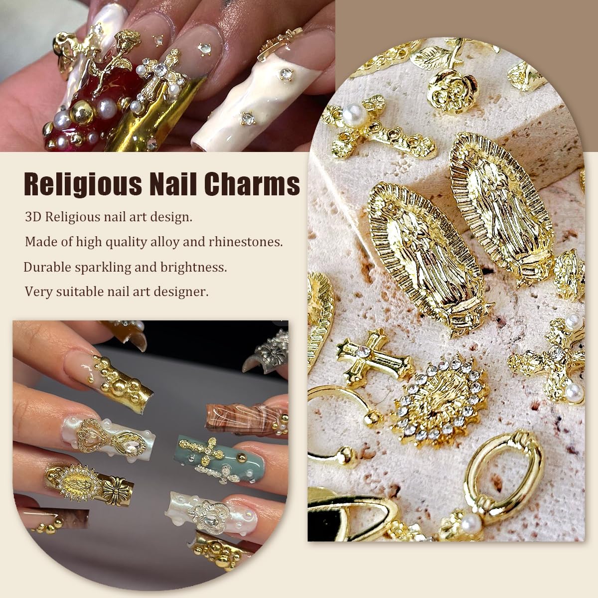 3D Cross Nail Charms,Gold Flat Back Nail Pearls Beads for Crafting,Cute Nail Charms Y2k Rhinestones Jewelry for Nail Art Flower Virgin Mary Religious Charms Gems Bulk Nail Chains (Gold)