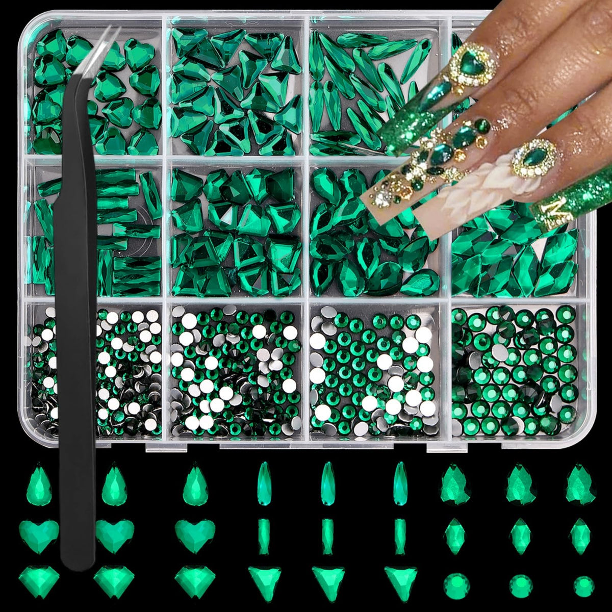 Green Nail Gems Big Glass Green Nail Charms Emerald Crystal Flatback Nail Jewels 3D Multi Shape Size Stones Diamonds Nail Rhinestones Clear Round Beads Gems for Nails Faces Eyes Makeup Crafts 12Grid