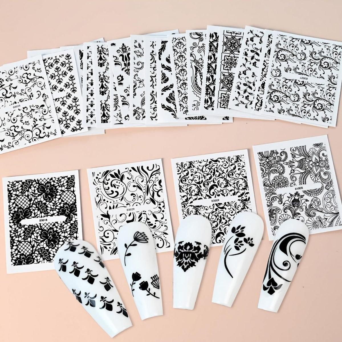 WEIXIWUYU 30 Sheets Black Lace Nail Art Stickers 3D Self-Adhesive Black Hollow Retro Floral Vine Design Decals for Women Girls DIY Manicure Slider Decorations