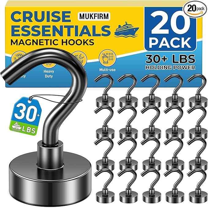 20 Pack Magnetic Hooks for 2026 Cruise Cabins Beach Vacation 30lbs+ Heavy Duty Magnet with Hook Metal Magnetic Hooks for Kitchen Fridge Grills Hanging Magnet Hooks for Classroom Locker Whiteboard