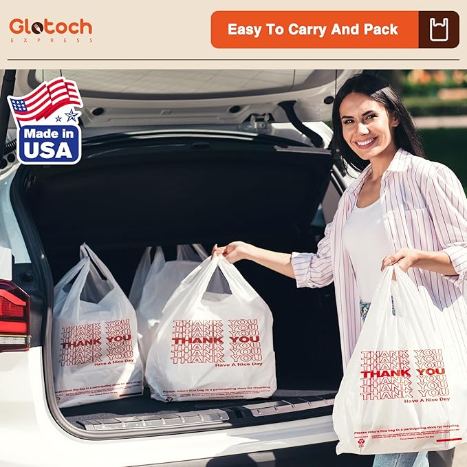 Glotoch Plastic Thank You Bags 1000 Count, 11.5" x 6.5" x 21" White Grocery Bags with Handles for Restaurant, Retail, Grocery Store, Takeout, Convenience Stores, T-shirt Shopping Bag in Bulk