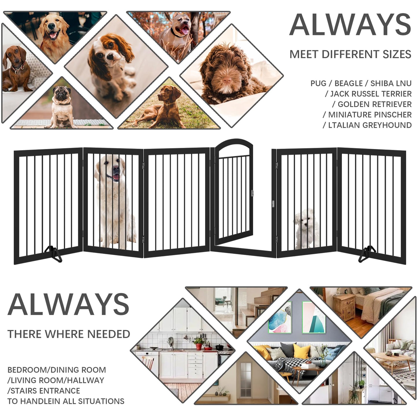 JSB 144-inch Extra Wide 30-inch Tall Dog gate with Door Walk Through, Freestanding Round Tube Pet Gate for Halls Stairs, Puppy Safety Dog Fence with 2PCS Support Feet (Black)