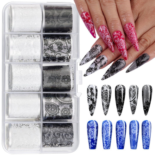 Lace Nail Foil Transfer Sheets, 10 Rolls Black White Flower Nail Art Transfer Foils Decals, Holographic Nail Foils Transfer DIY Nail Stickers for Acrylic Nails, Gel Nails and Manicure Decorations