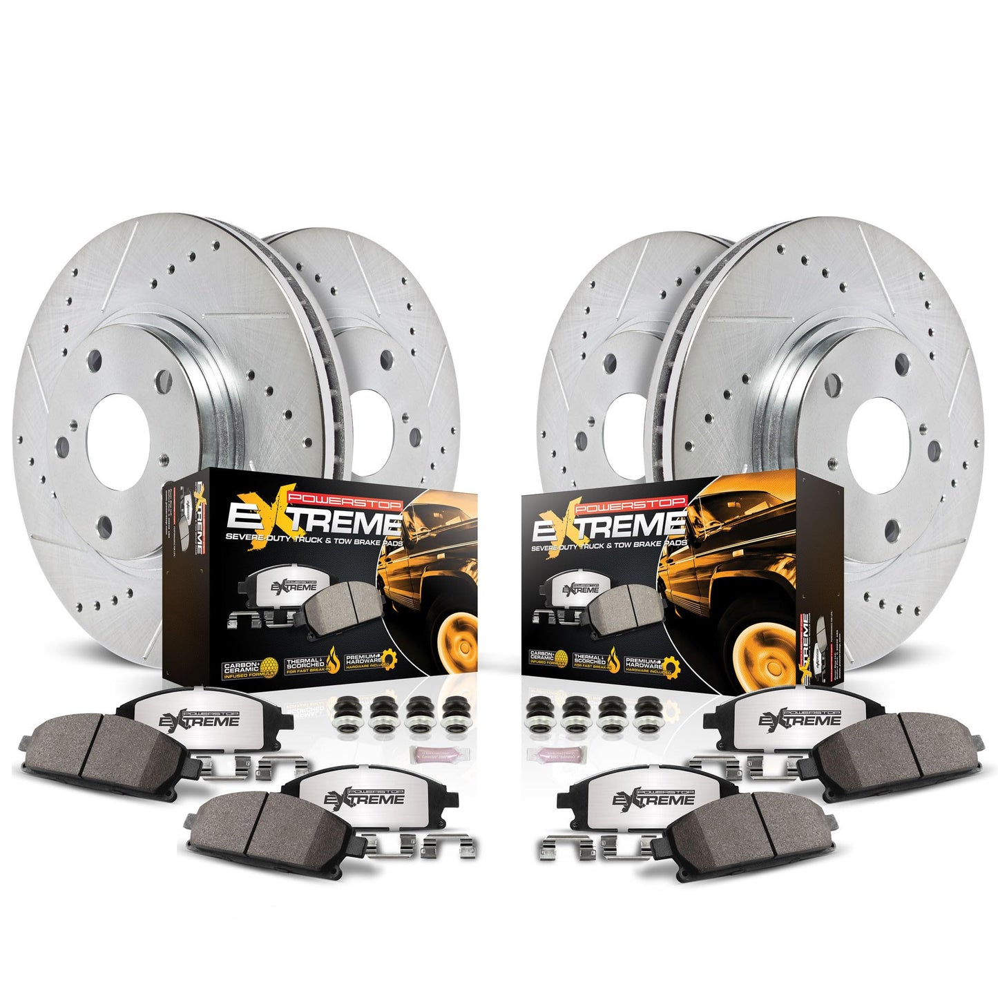 PowerStop Front & Rear Brake Kit For Cadillac Escalade 2021-24 |Chevrolet Silverado 1500 2019-24 - Truck & Tow Carbon Fiber Ceramic Brake Pads + Drilled & Slotted Rotors Upgrade, K8171-36