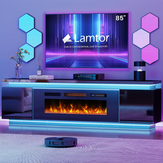 Lamtor Fireplace TV-Stand with 40" Fireplace - 2 LED Light TV-Stand for 85 inch TVs, Entertainment Center with 4 AC Power Outlets, 2 Tier TV Consoles Stand for Living Room, Black