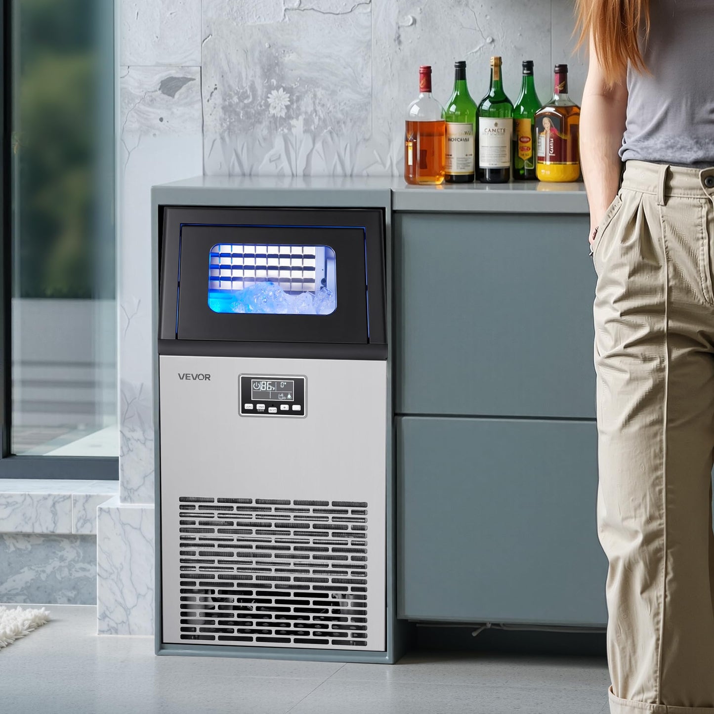 VEVOR Commercial Ice Maker Machine, 100 lbs/24h with 28Lbs Storage, 45 Cubes per Cycle, Stainless Steel Freestanding & Under Counter Ice Maker with LED Display & Self-Cleaning, for Home Bar Restaurant