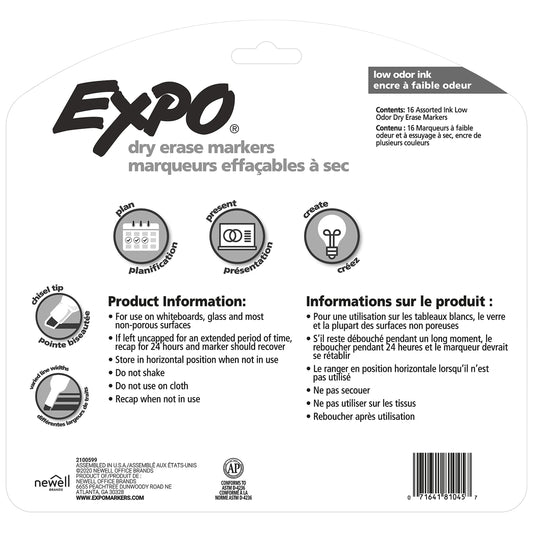 EXPO Dry Erase Markers, Low Odor Ink, Assorted Colors, Chisel Tip, 16 Count - Whiteboard, Calendar, Organization, Essential Supplies for Office, School, Classroom, Teachers