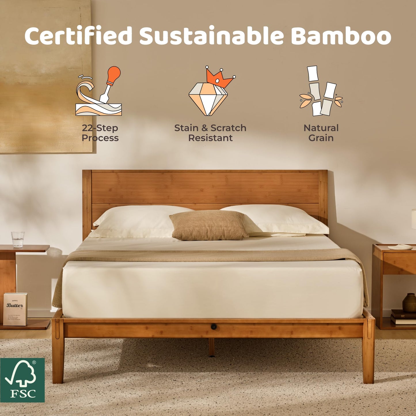 RECCI King Japanese Joinery Platform Bed Frame, Mid-Century with Tall Headboard, Noise-Free Solid Bamboo Wood Sustainable, Sturdy Slat Support with Heavy Duty, Tool-Free Assembly, 10-Inch Storage