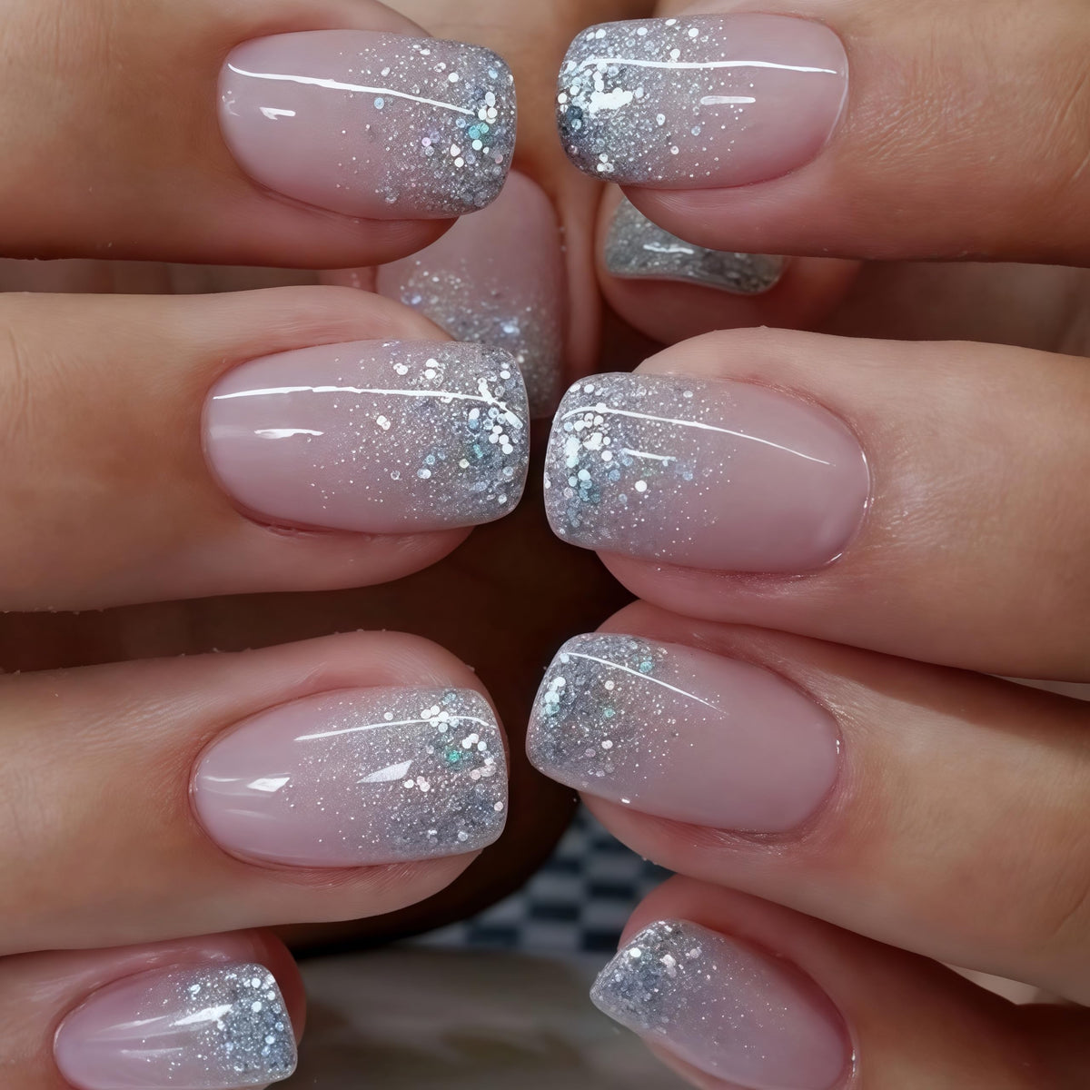 Glitter French Tips Press on Nails Short Square Silver Glitter Designs Full Cover Glossy Reusable Acrylic Stick on Fake Nails for Women Girls Daily Wear Nails Decoration 24Pcs