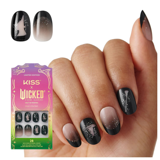 KISS X WICKED: FOR GOOD Press On Nails, ‘Own Your Power’, Black, Short Oval, Waterproof, Chip Proof, Smudge Proof, 28 Fake Nails, Pink Gel Nail Glue (2g), Mini Nail File, & Manicure Stick
