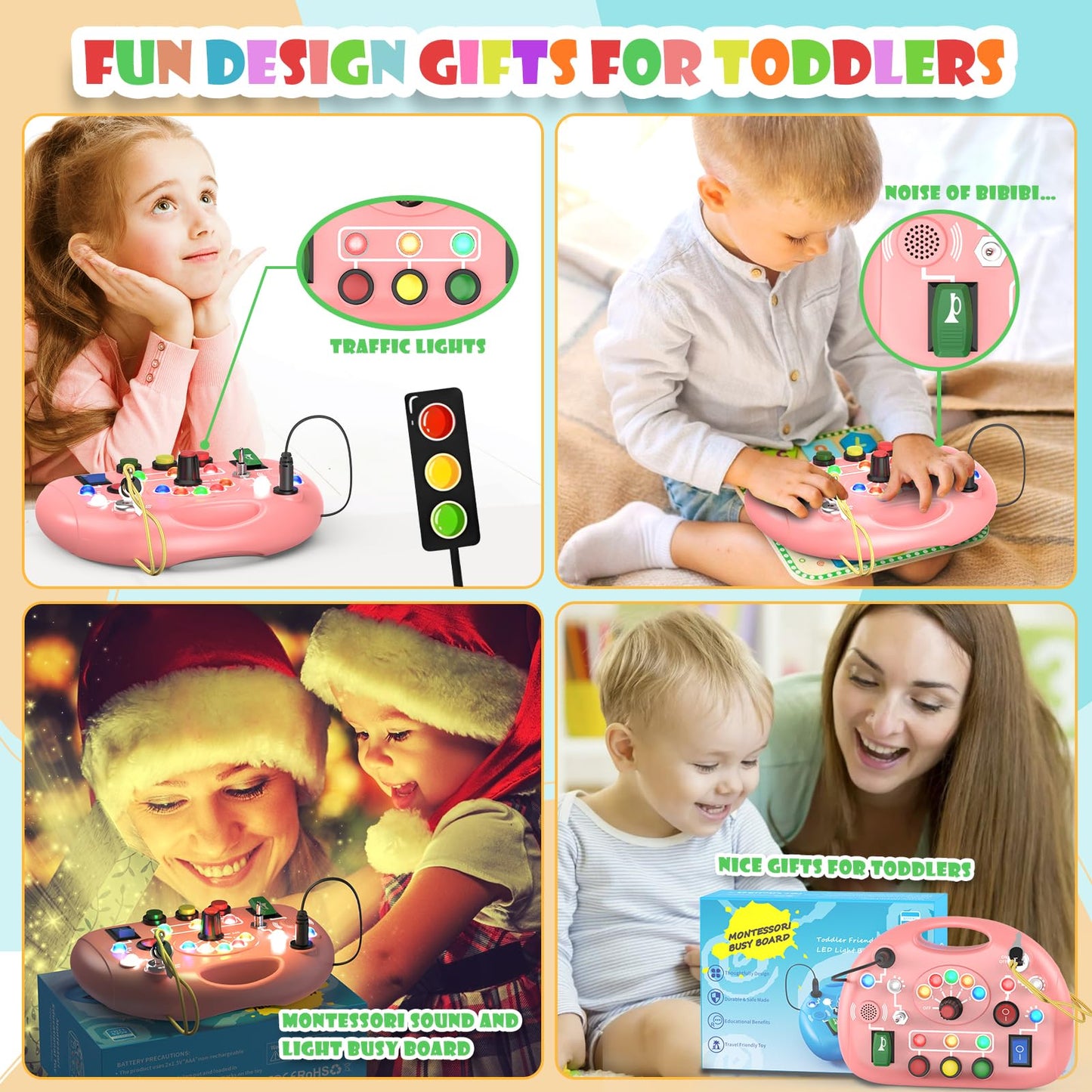 JIWORT Montessori Busy Board with LED Light for Toddlers 2-4 Year Old, Sensory Toys with Sounds & Switches, Car Driving Travel Toys for Kids, Preschool Busy Book Boy and Girls Birthday Gifts (Pink)
