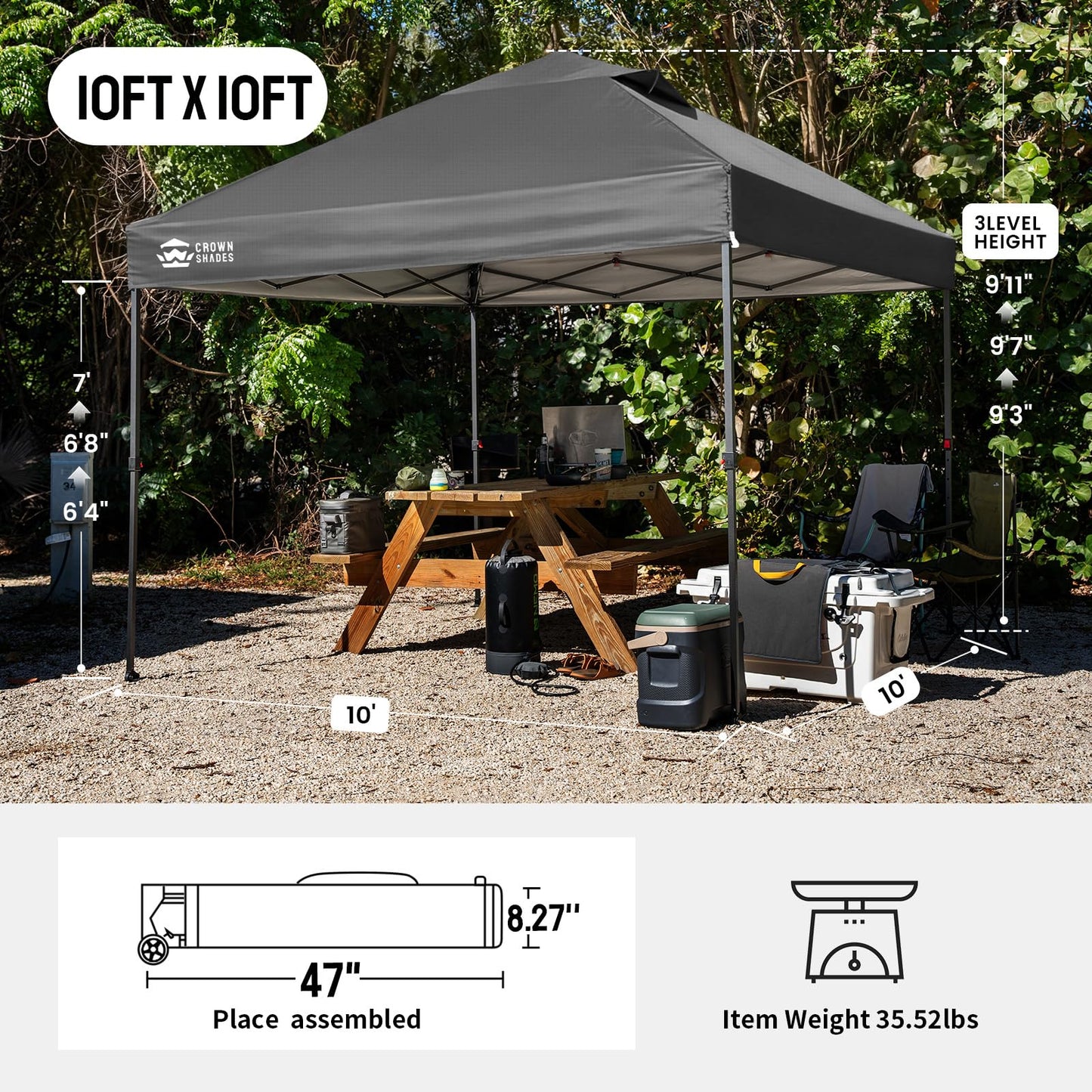 CROWN SHADES 10x10 Pop Up Canopy Tent - Patented Center Lock One Push Instant Outdoor Canopy Beach Tent with STO-N-Go Bag 8 Stakes & 4 Sand Bags，Grid Grey